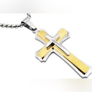 Mens Gold Plated Stainless Steel Cross Pendant Necklace - Blackjack Jewelry